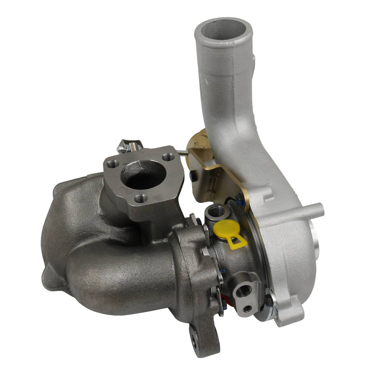 Turbocharger with yellow actuator tab, silver housing, black turbine opening, gold part