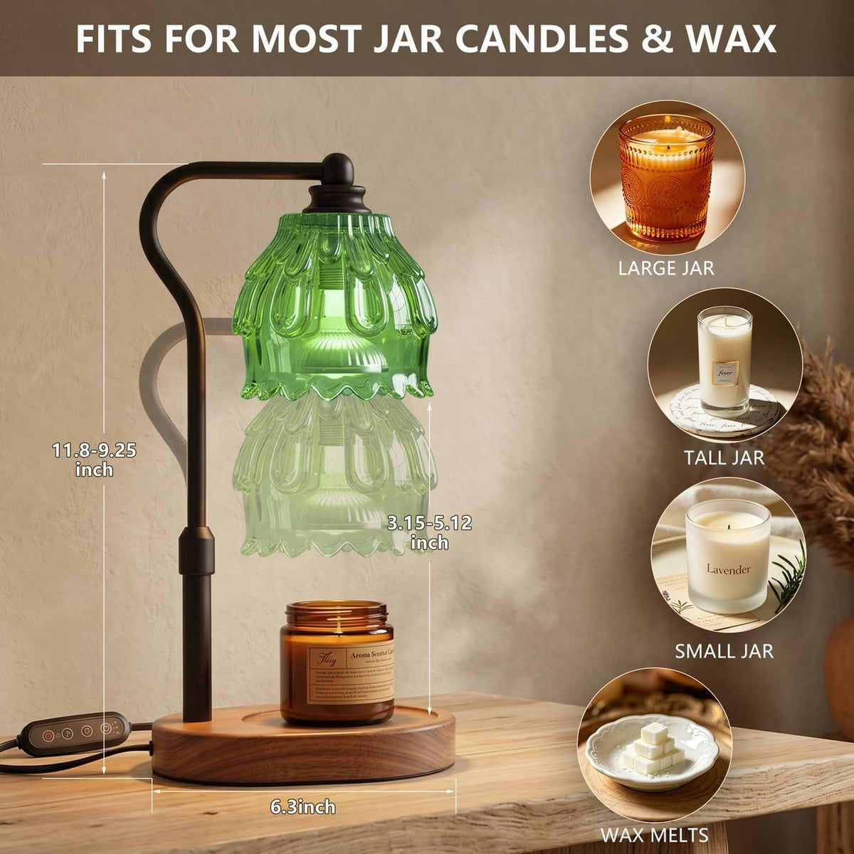 Flame-less candle warmer lamp with green ribbed glass shade and black gooseneck stand.