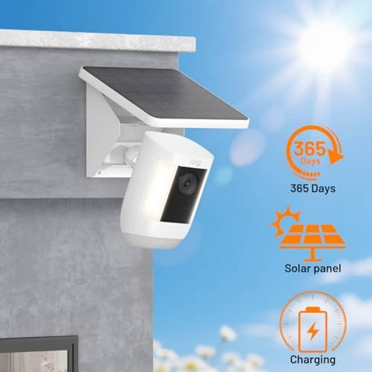 Wall-mounted solar charging mount with dark panel and camera lens