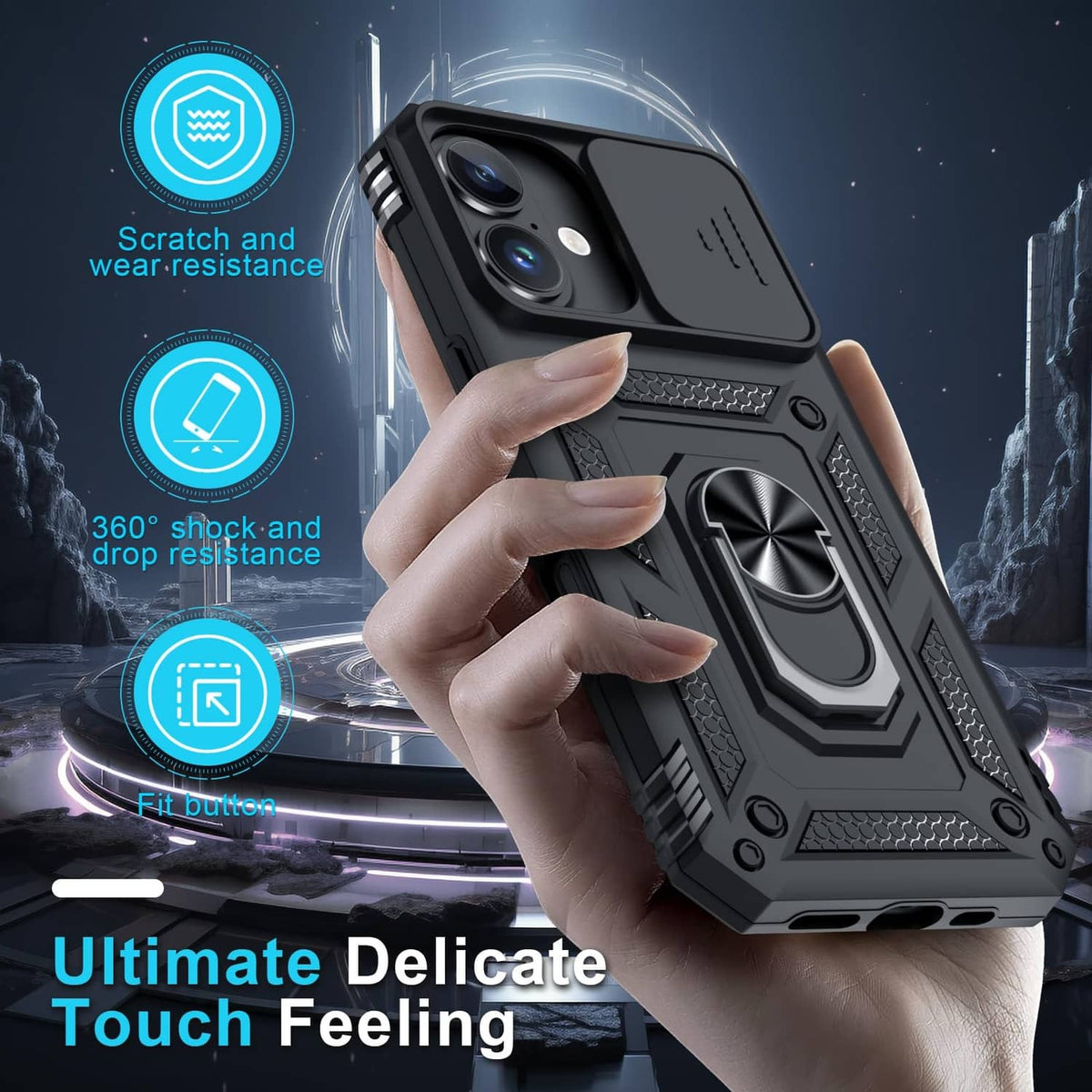 Black rugged iPhone 16 Pro case with 360-degree metal ring grip and dual camera cutouts