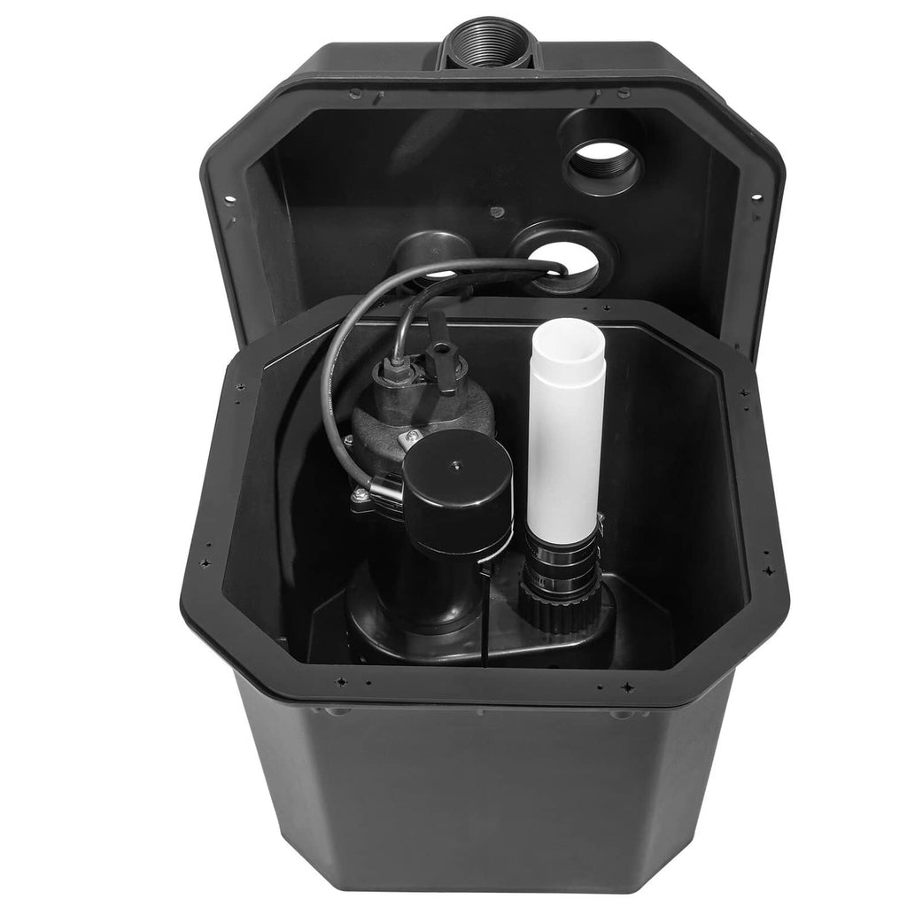 Utility sink drain pump system showing pump motor and discharge pipe in tank