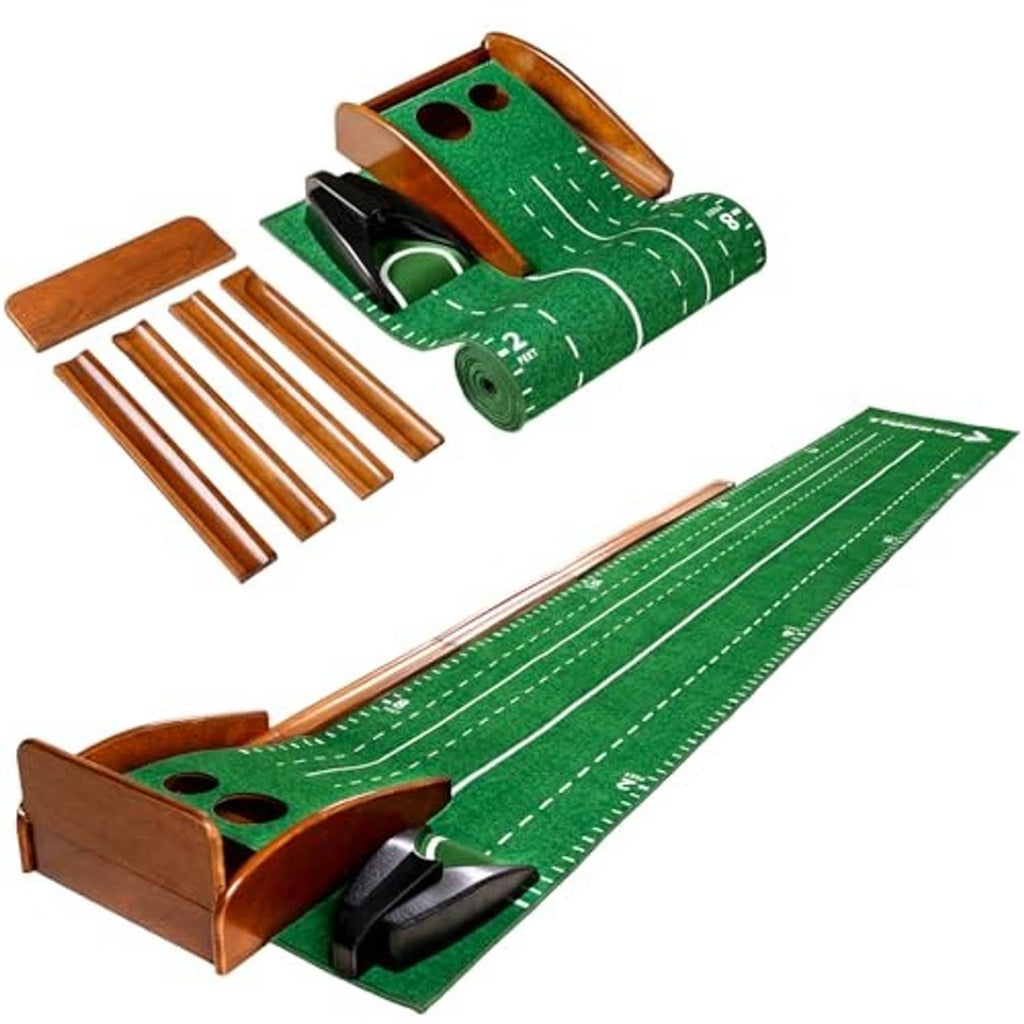 Golf putting mat with built-in wooden cup housing, green felt and white guide lines