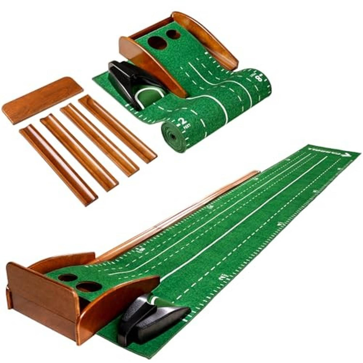 Golf putting mat with built-in wooden cup housing, green felt and white guide lines