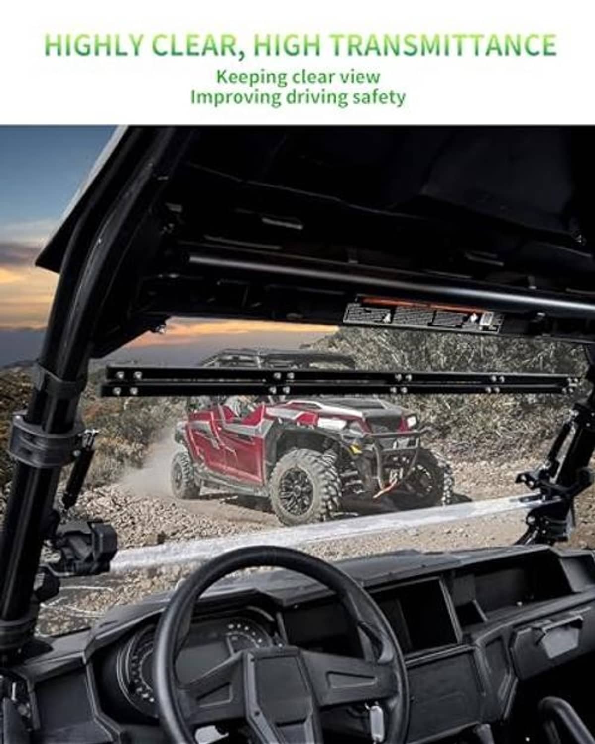 High-clear windshield with black support bars, open on UTV
