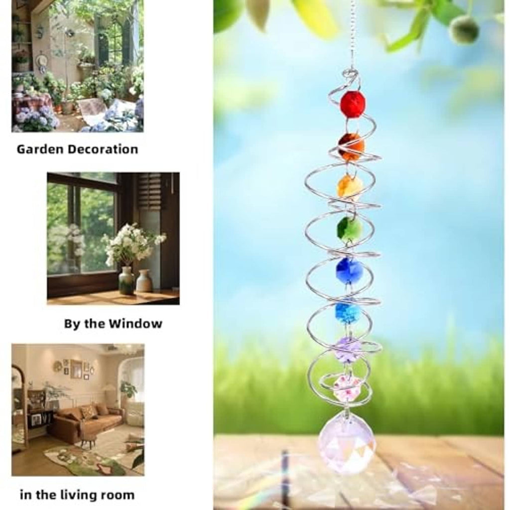 Hanging rainbow crystal spiral wind spinner with spiral coil, colored beads, and prism ball.