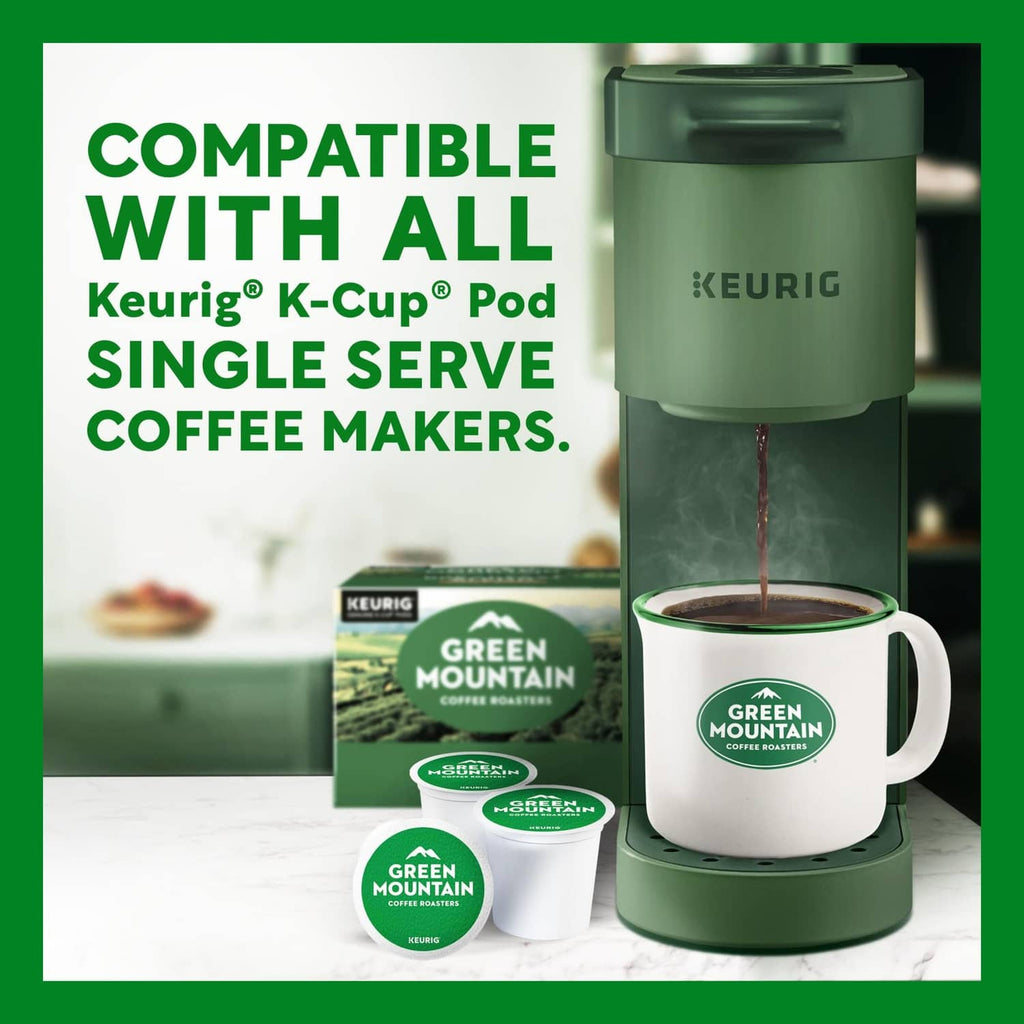 Keurig-compatible Green Mountain K-Cup pods with coffee maker and mug