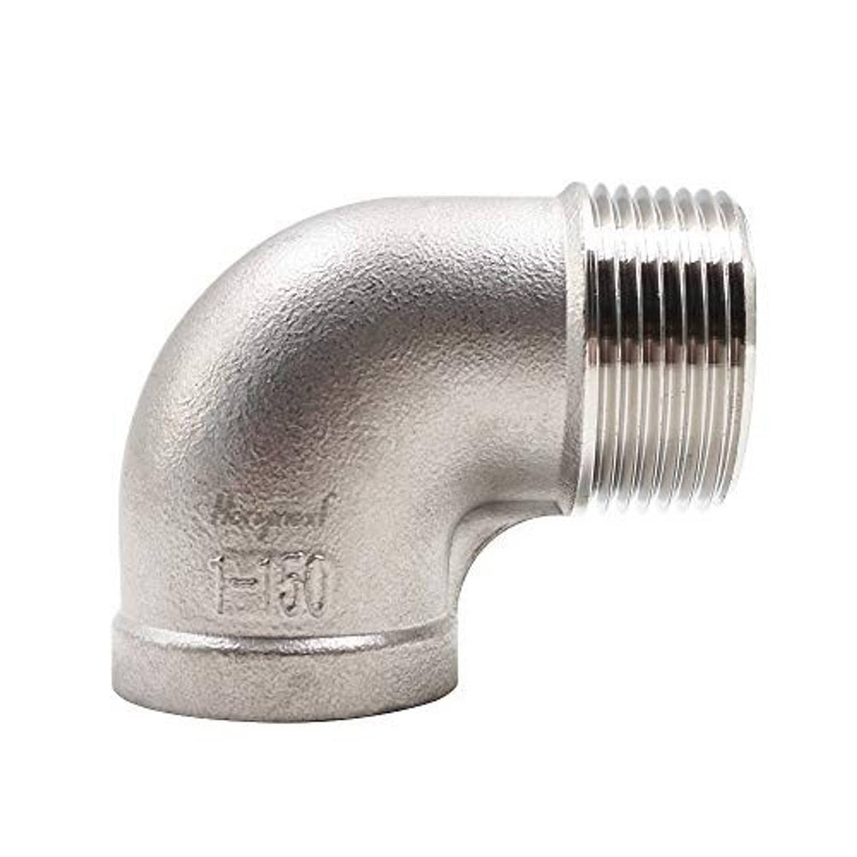 Stainless steel 90-degree elbow fitting with external NPT threads