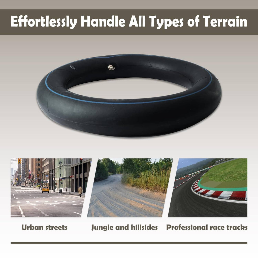 Black 12-inch rear inner tube, blue stripe detail, valve stem on top
