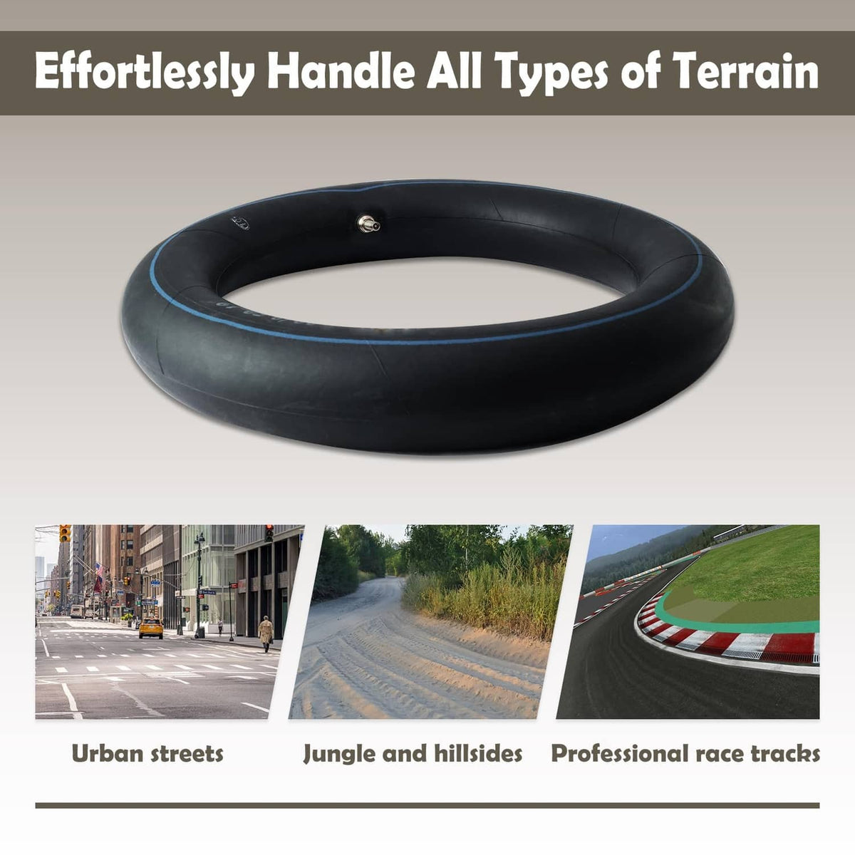Black 12-inch rear inner tube, blue stripe detail, valve stem on top