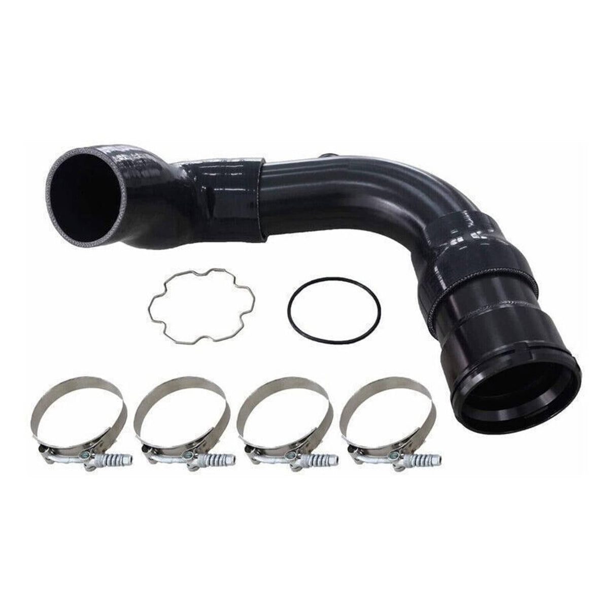 Black silicone intercooler pipe boot coupler kit with O-ring and metal hose clamps