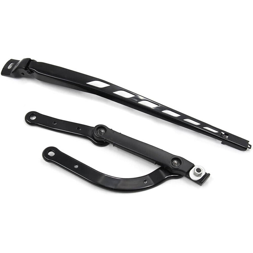 Black windshield wiper arm frame with curved linkage, multiple parts shown