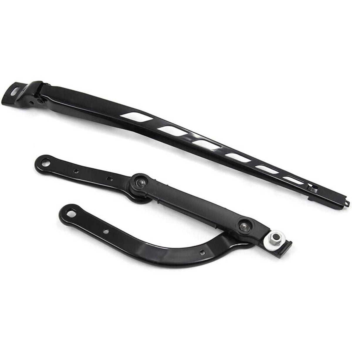 Black windshield wiper arm frame with curved linkage, multiple parts shown