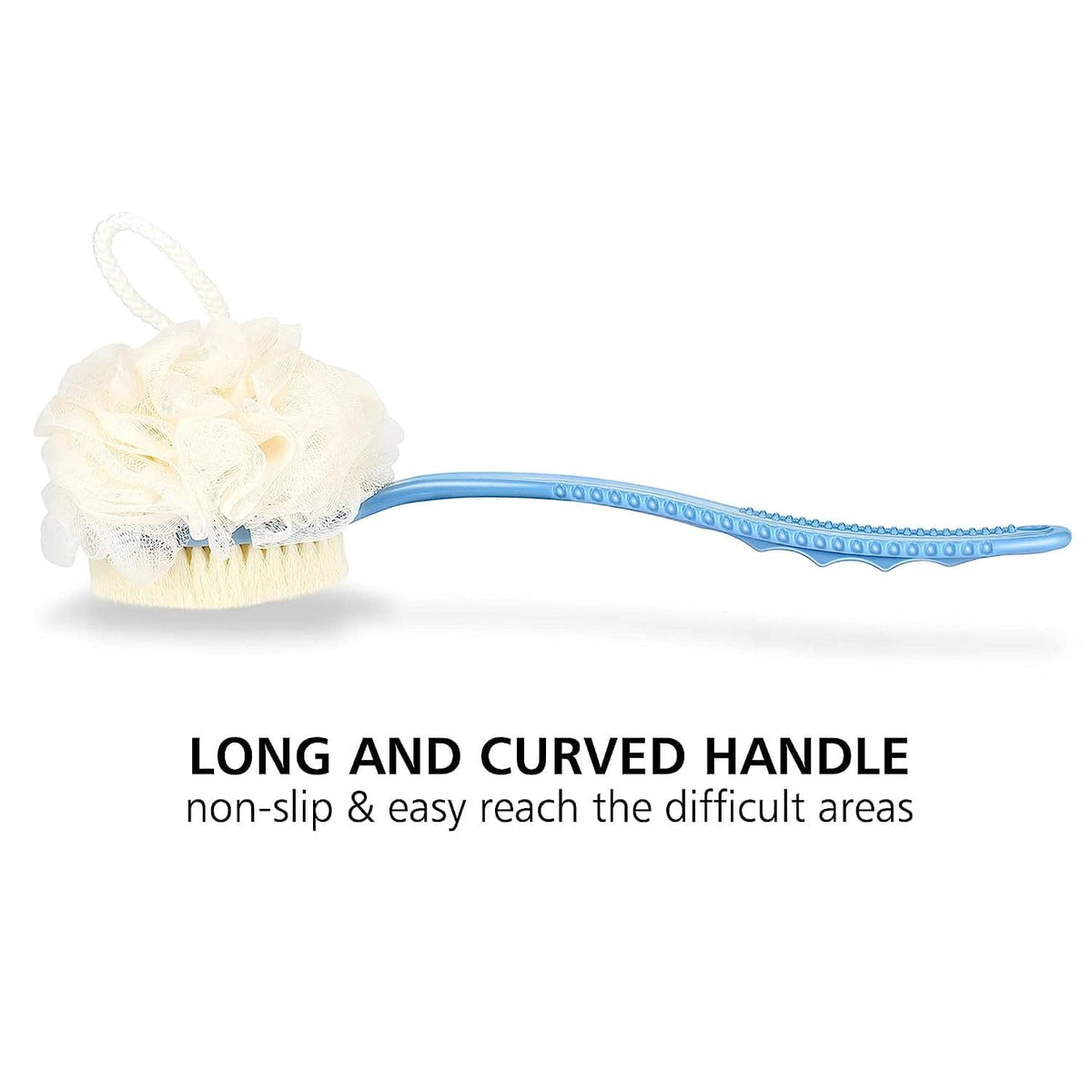 Shower body brush with blue handle, loofah sponge pad and soft bristle scrub head