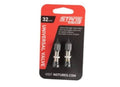 Pair of STANS tubeless Schrader valves, 32mm stems with removable cores, in package