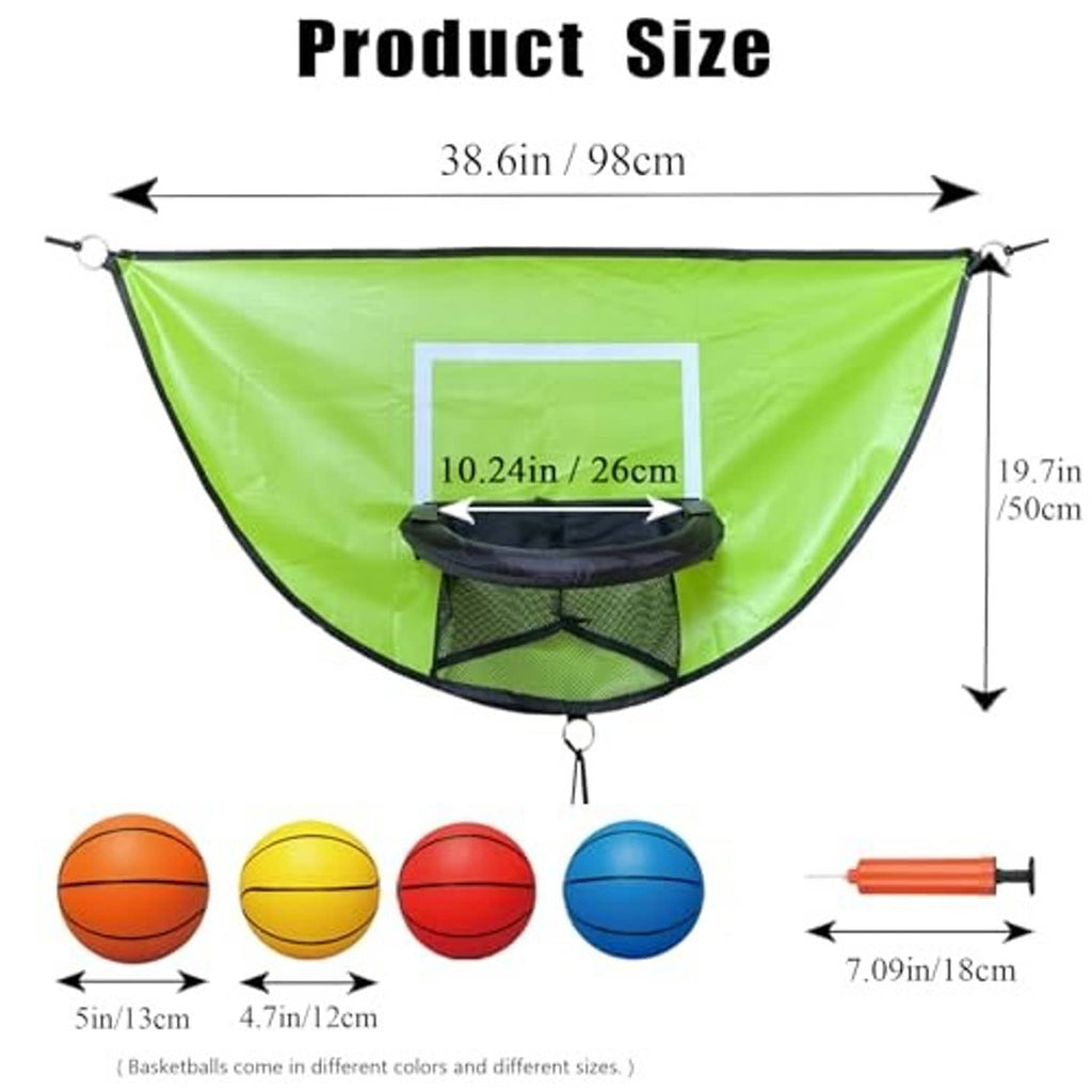 Green trampoline basketball hoop with size diagram, mini balls, and orange pump