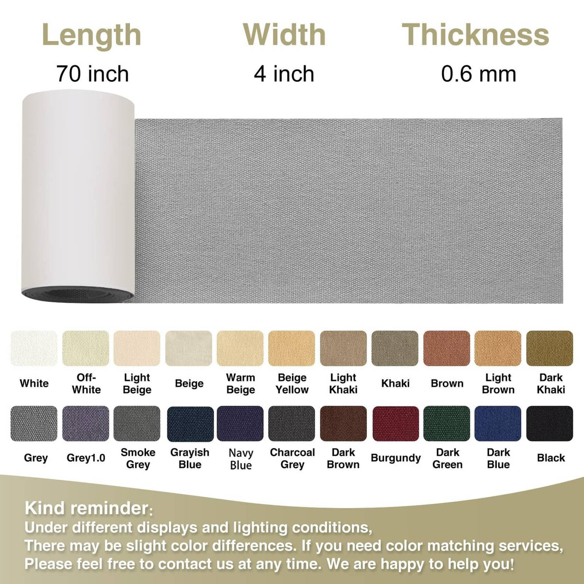 Grey canvas repair tape strip, 70 in length x 4 in width, 0.6 mm thick