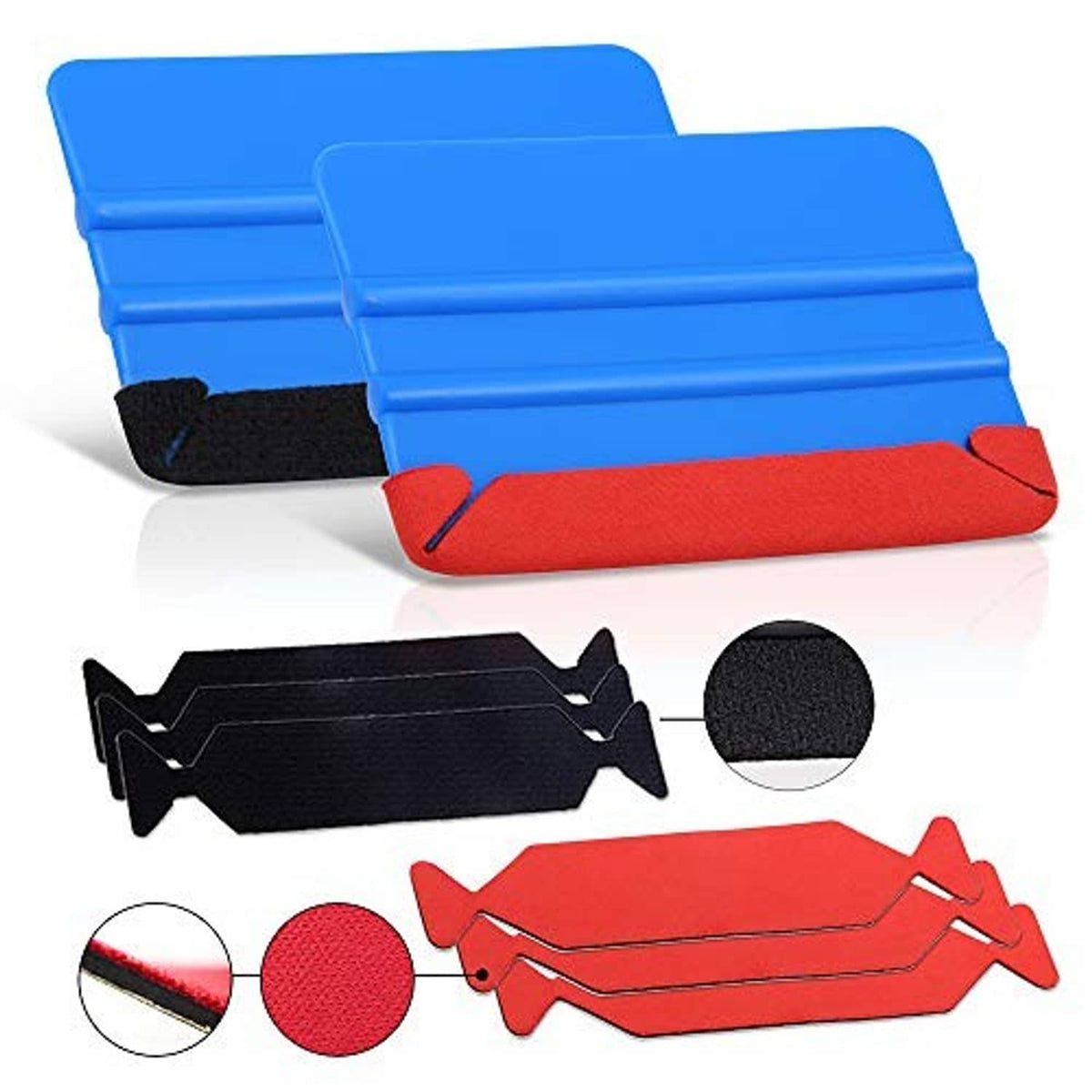 Vinyl wrap felt smoothing pads and red scraper tool with protective edge clips
