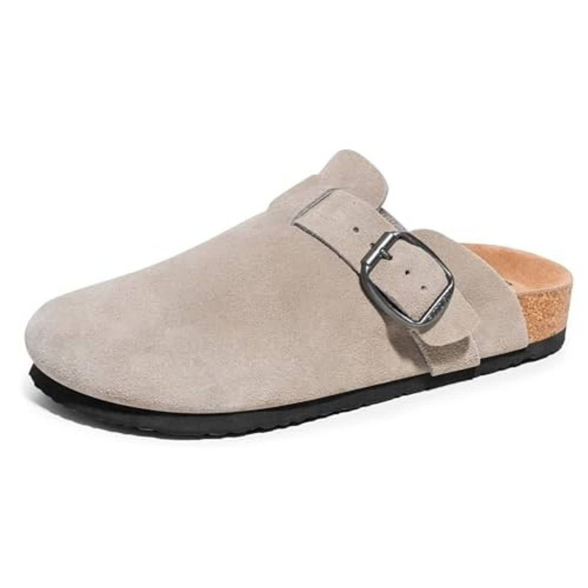 Taupe suede mule clogs with adjustable metal buckle strap and black outsole
