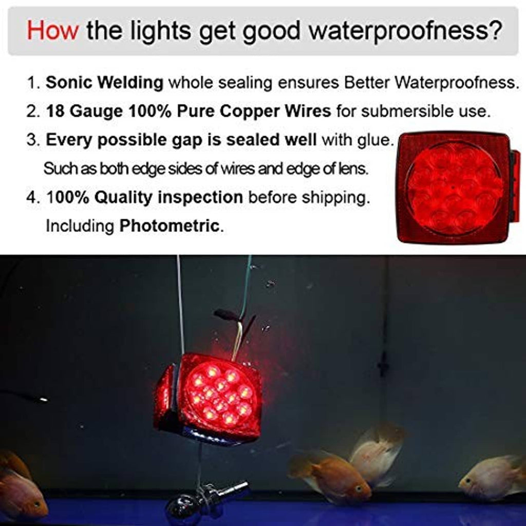 Submersible red LED trailer light glowing, square red lens with circular LED pattern