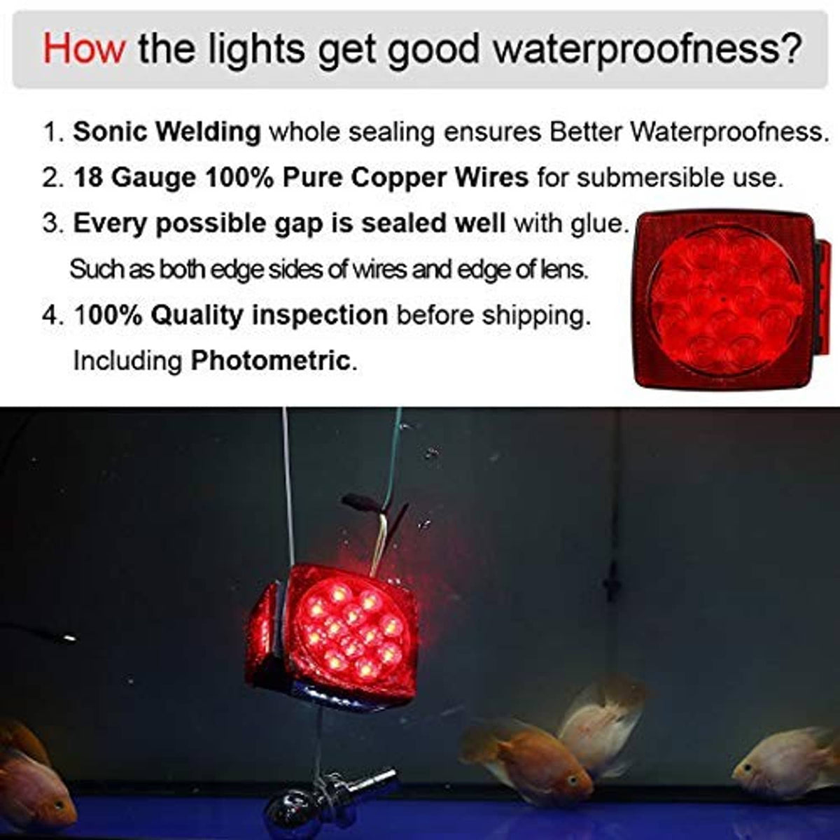 Submersible red LED trailer light glowing, square red lens with circular LED pattern