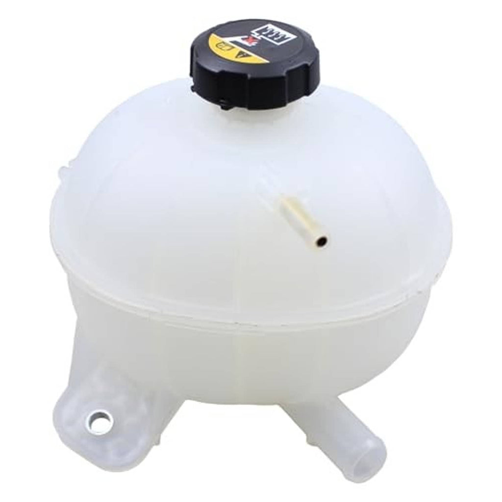 Engine coolant reservoir tank with cap, translucent white with side outlet and mounting tab