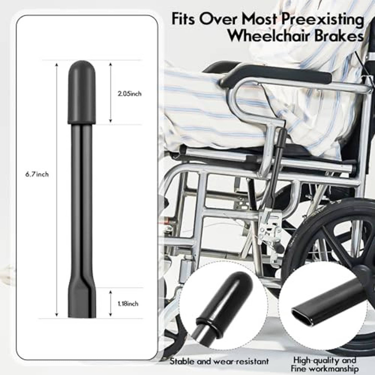 Wheelchair brake handle extender pair, black metal with capped ends