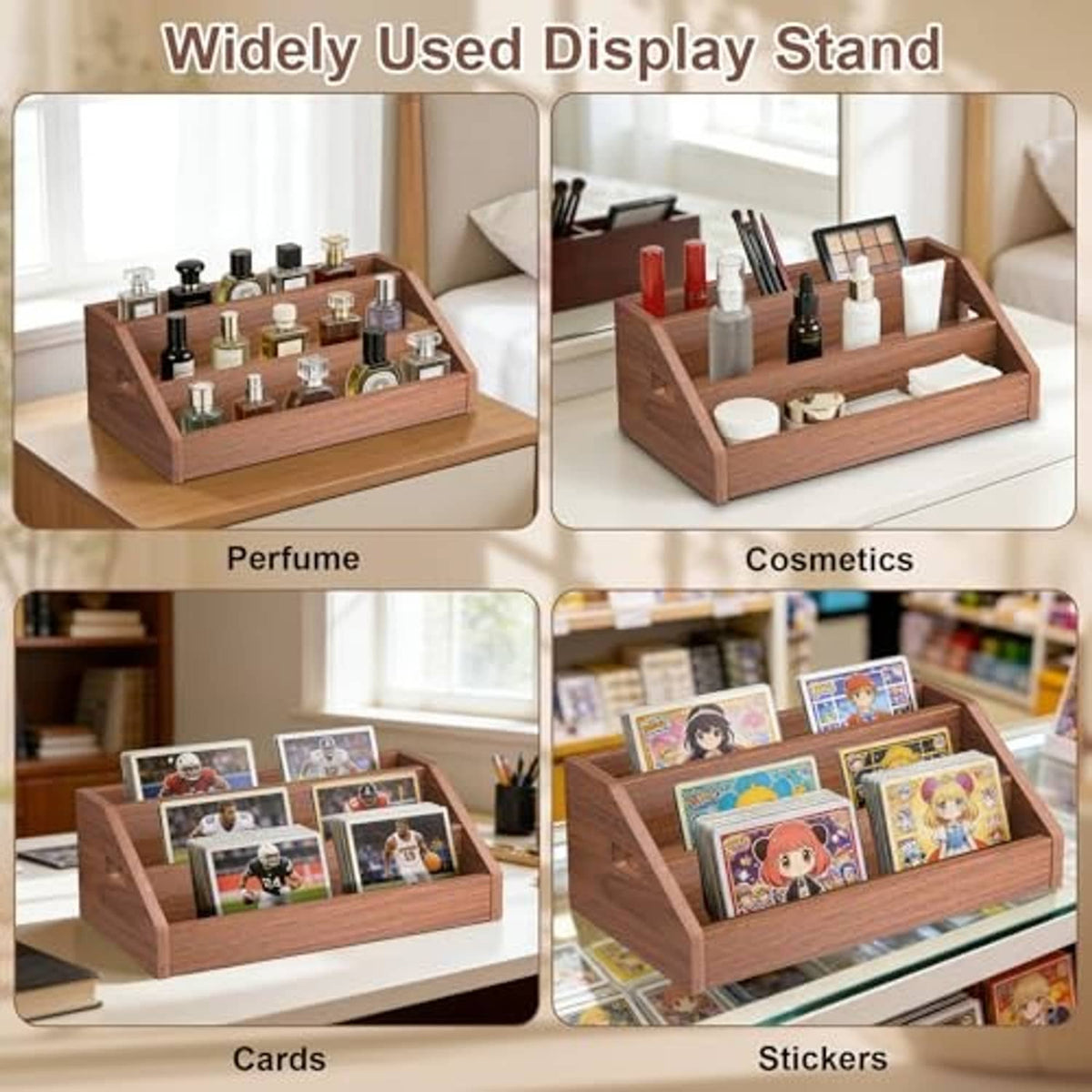 Brown wooden multi-compartment display stand for organizing small media