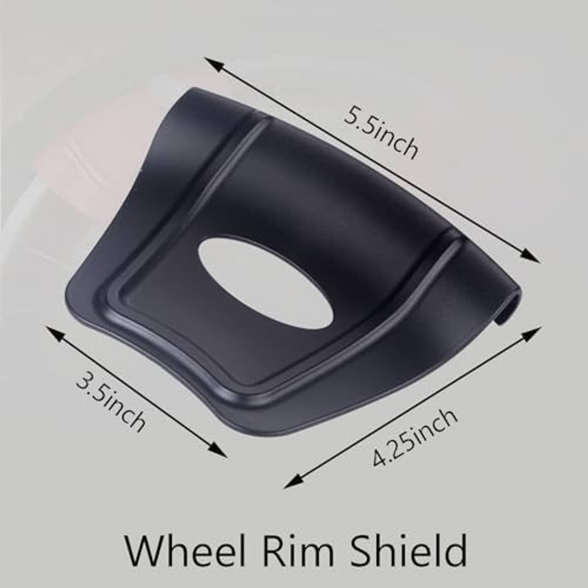 Black wheel rim shield protector with oval cutout and curved edge