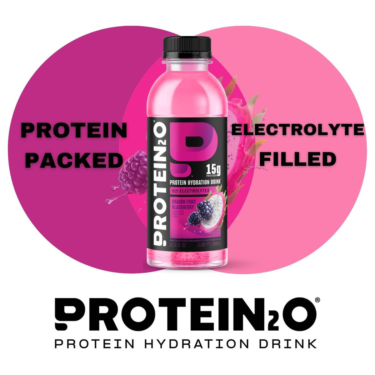 Protein hydration drink bottle with electrolyte-filled graphic, 15g protein