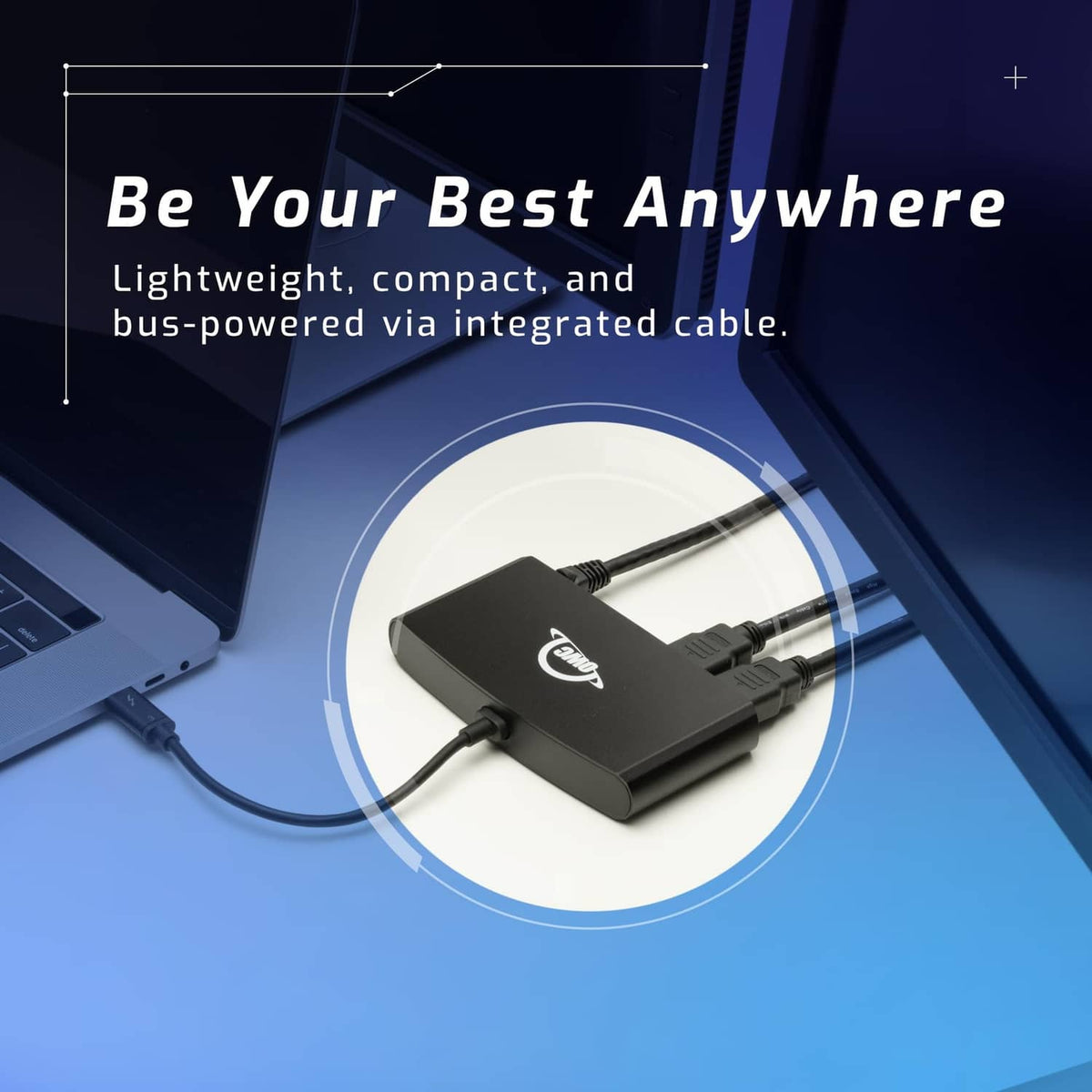 Compact black Thunderbolt mini dock with connected cables and integrated Thunderbolt connector