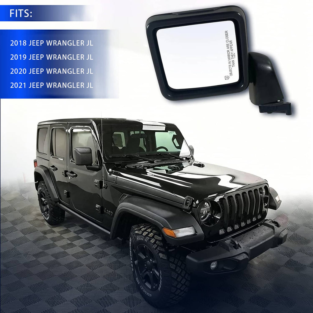 Black side mirror with square heated glass shown on a Jeep Wrangler JL style vehicle