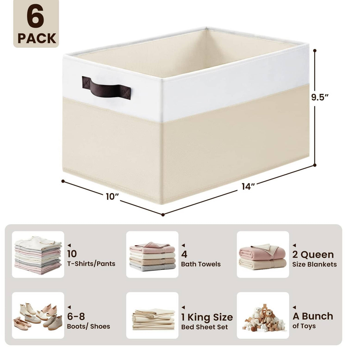 Single rectangular storage bin with black side handles, white exterior and beige interior
