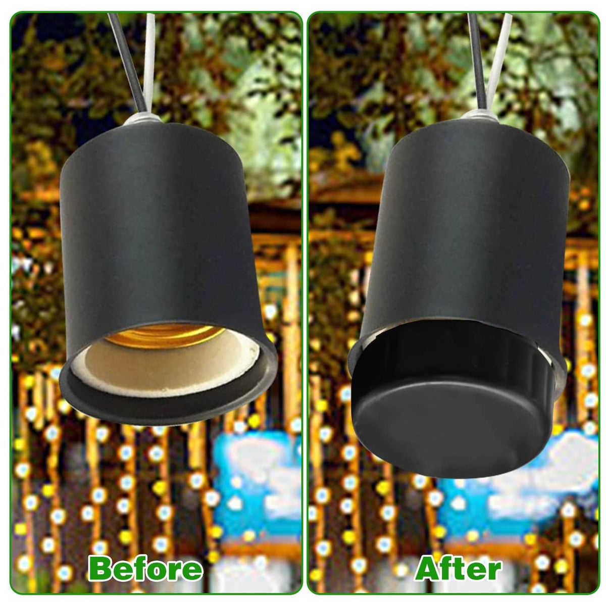 Black ribbed lamp socket cover cap installed on hanging bulb string light