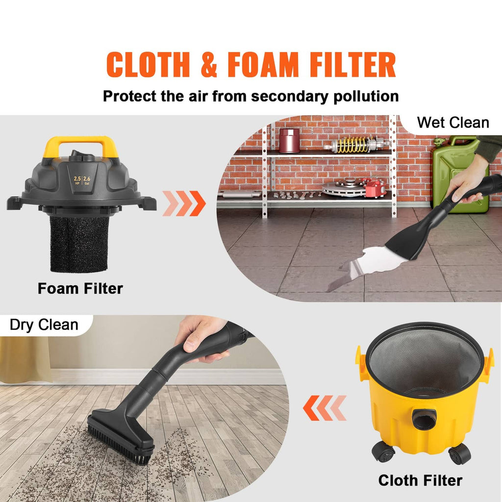 Cloth and foam filter system for wet/dry shop vacuum
