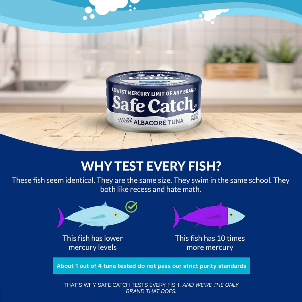 Safe Catch wild albacore tuna can standing on a kitchen counter.