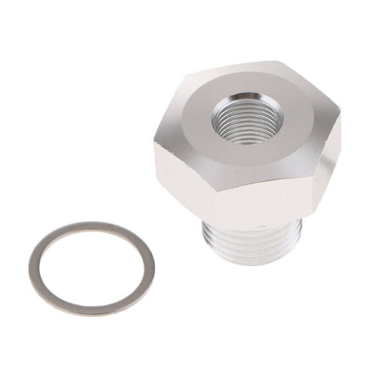 Oil pressure sensor adapter with M16x1.5 male thread port, hex body, includes gasket