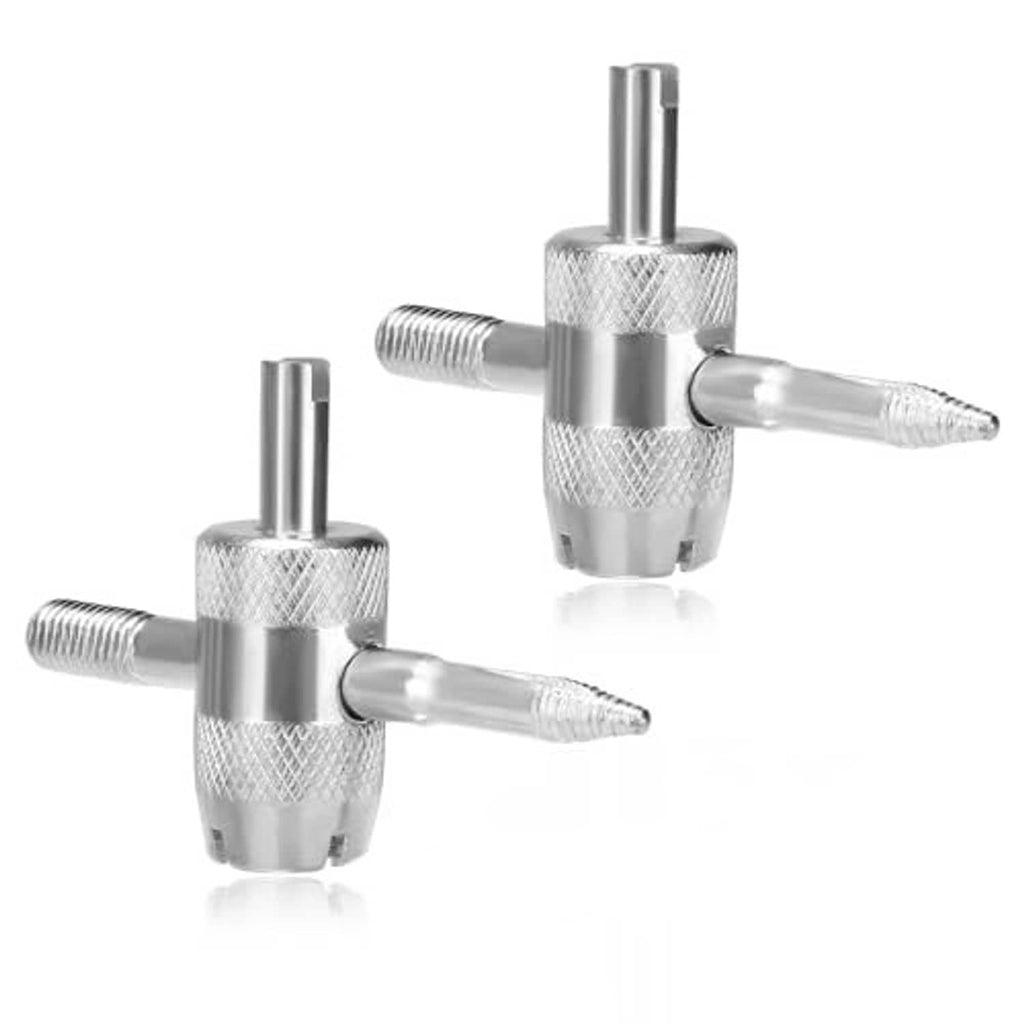 Pair of silver metal tire valve core tools with textured grip and side handle arms