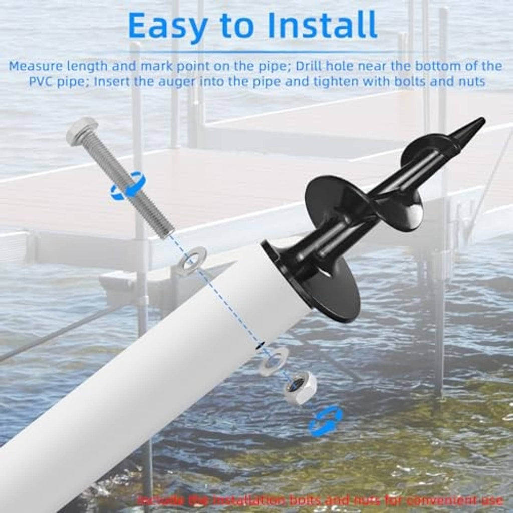 Easy-install boat dock auger anchor inserted into PVC pipe with threaded screw