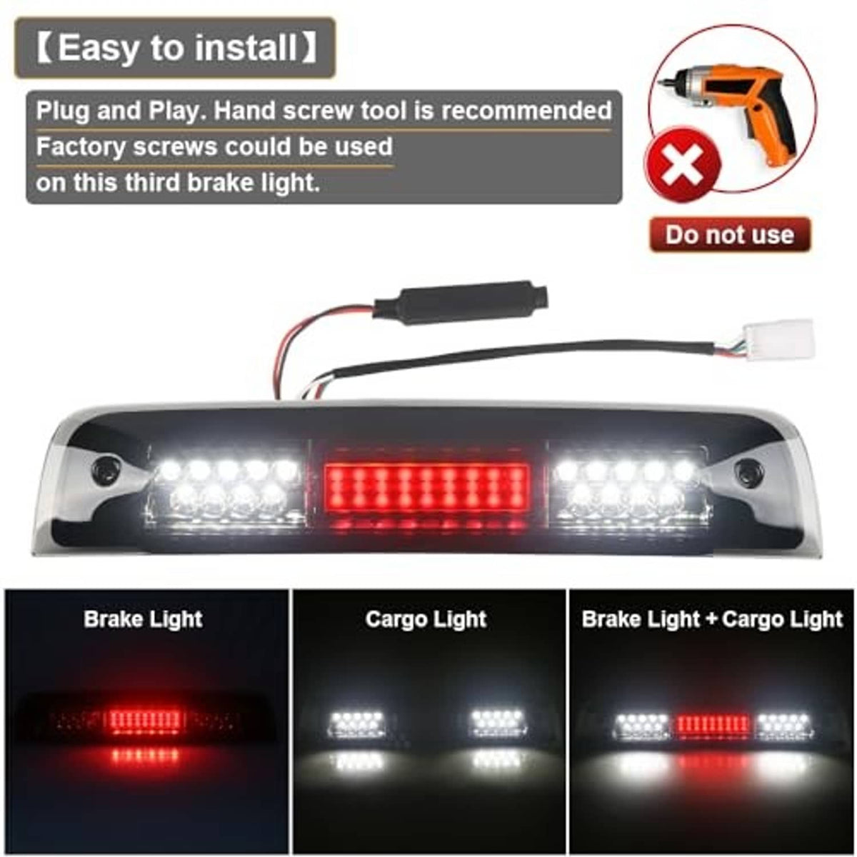 LED third brake light showing red brake illumination with white side LED bars