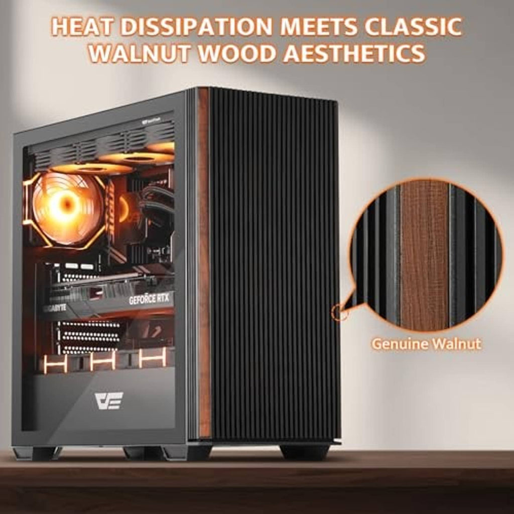 ATX PC case with walnut wood slat panel and visible internal airflow