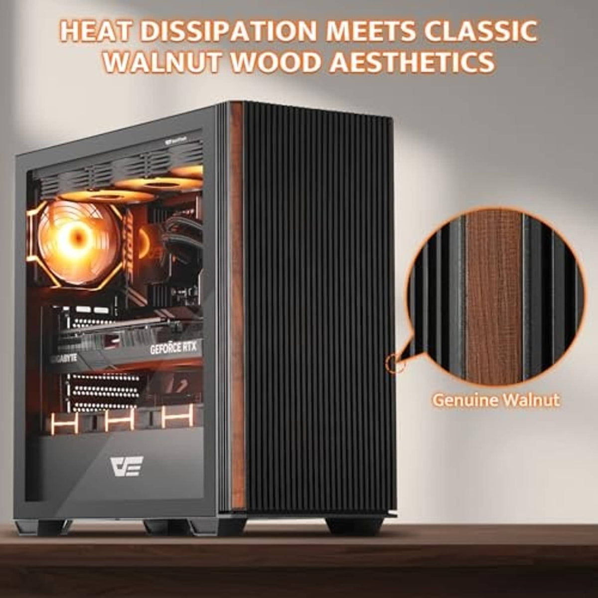 ATX PC case with walnut wood slat panel and visible internal airflow