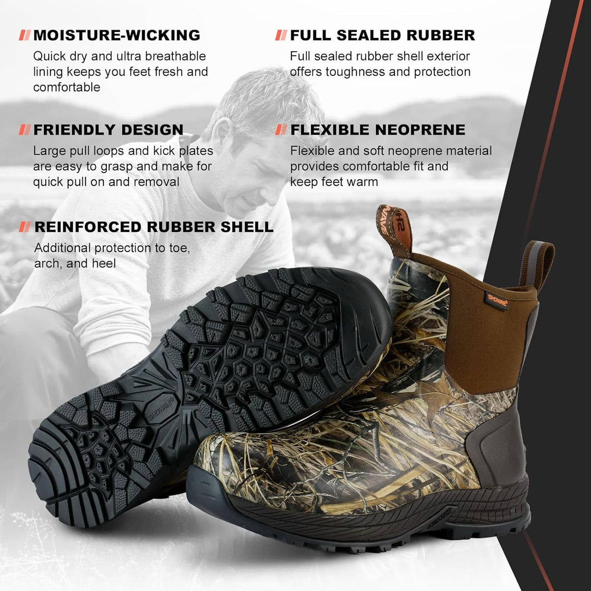 Camouflage rubber rain boots with textured tread sole and pull-on elastic collar
