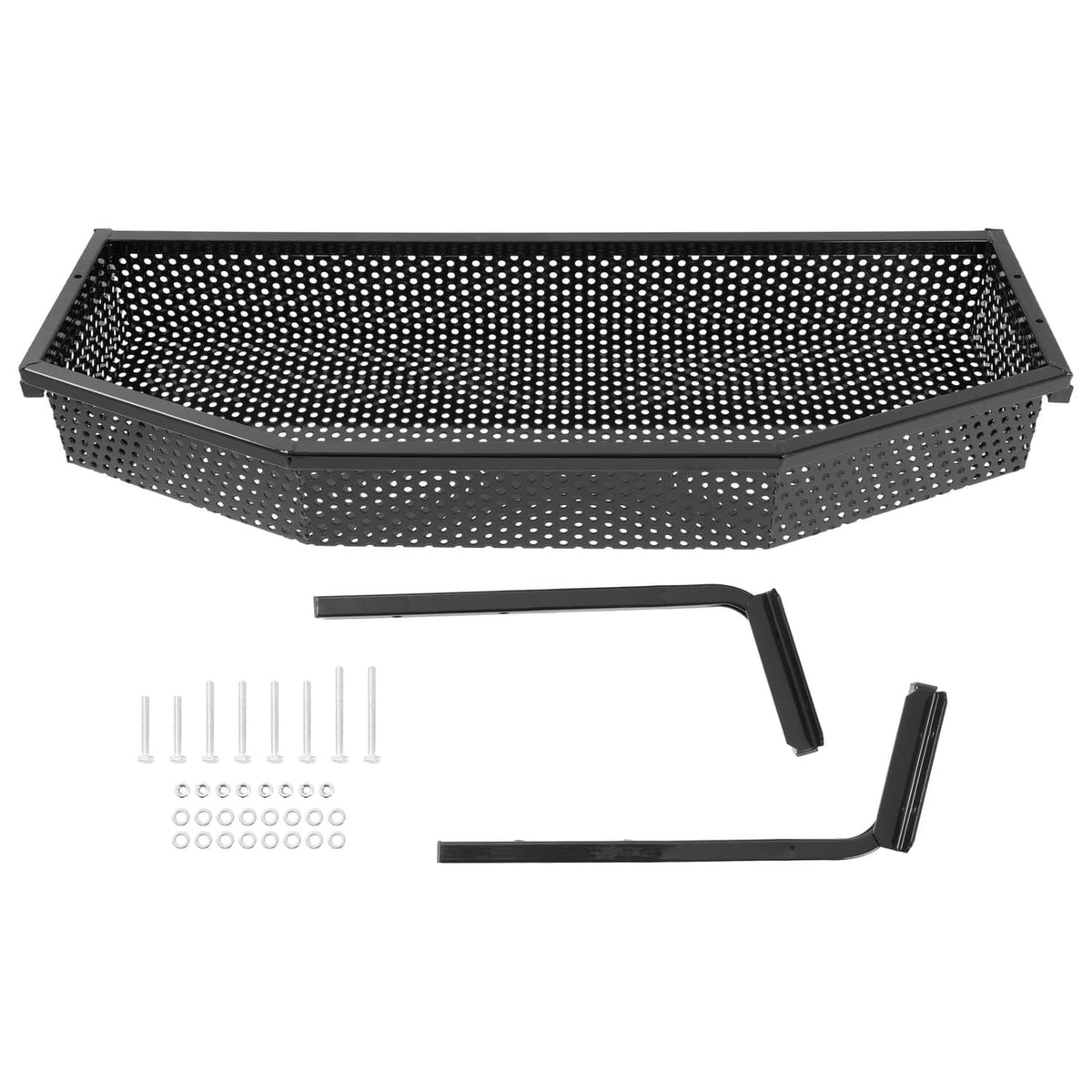 Front cargo basket with perforated top tray and included mounting hardware