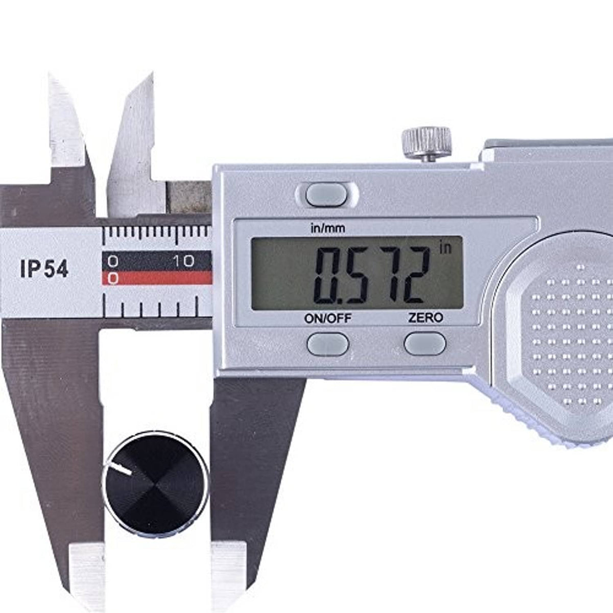 Caliper measuring black rotary encoder knob diameter and module size.