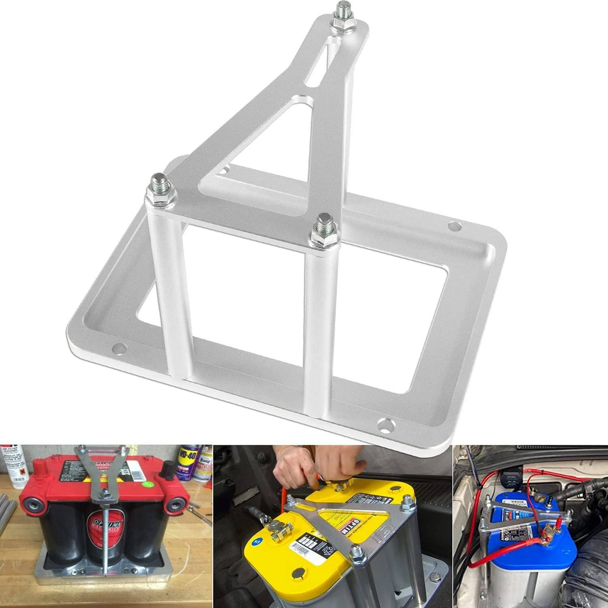 Billet aluminum battery tray hold-down frame with mounting base plate and nuts