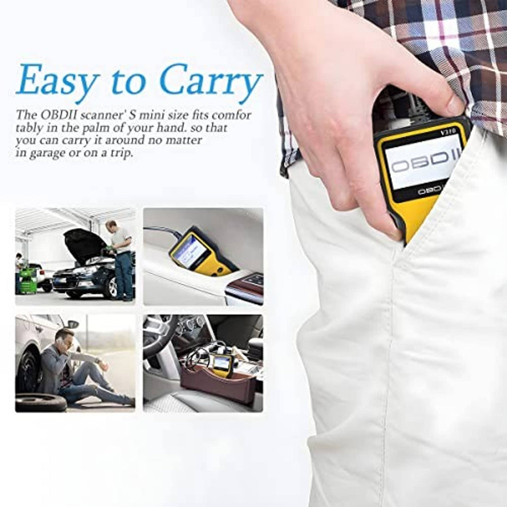 AUCELI OBD2 code scanner held for easy carry, yellow screen visible