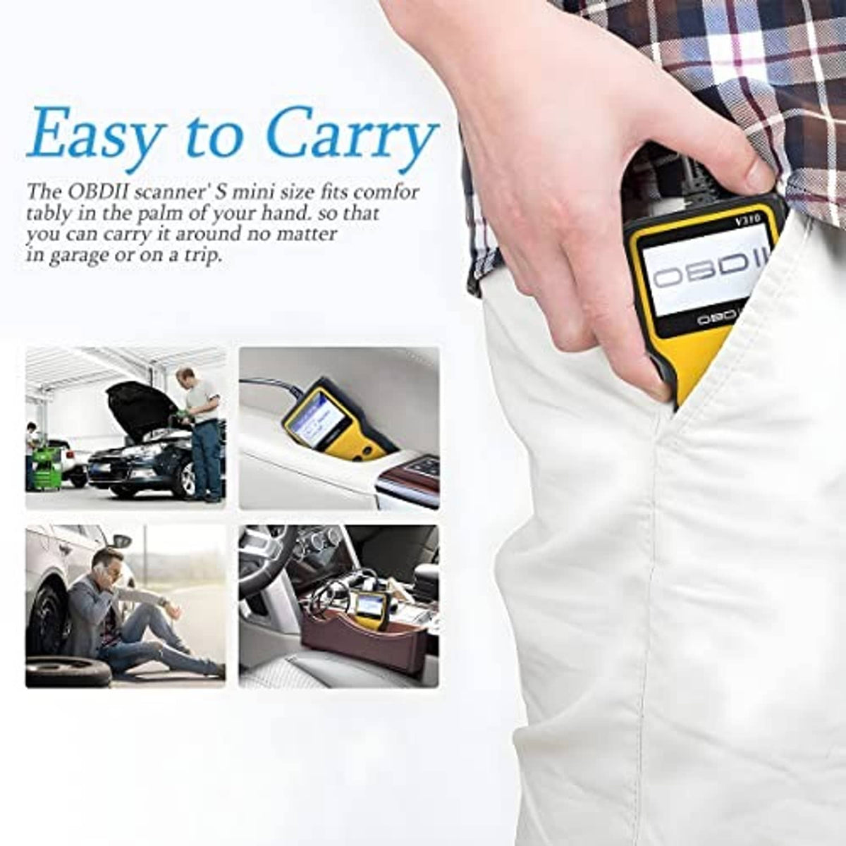 AUCELI OBD2 code scanner held for easy carry, yellow screen visible