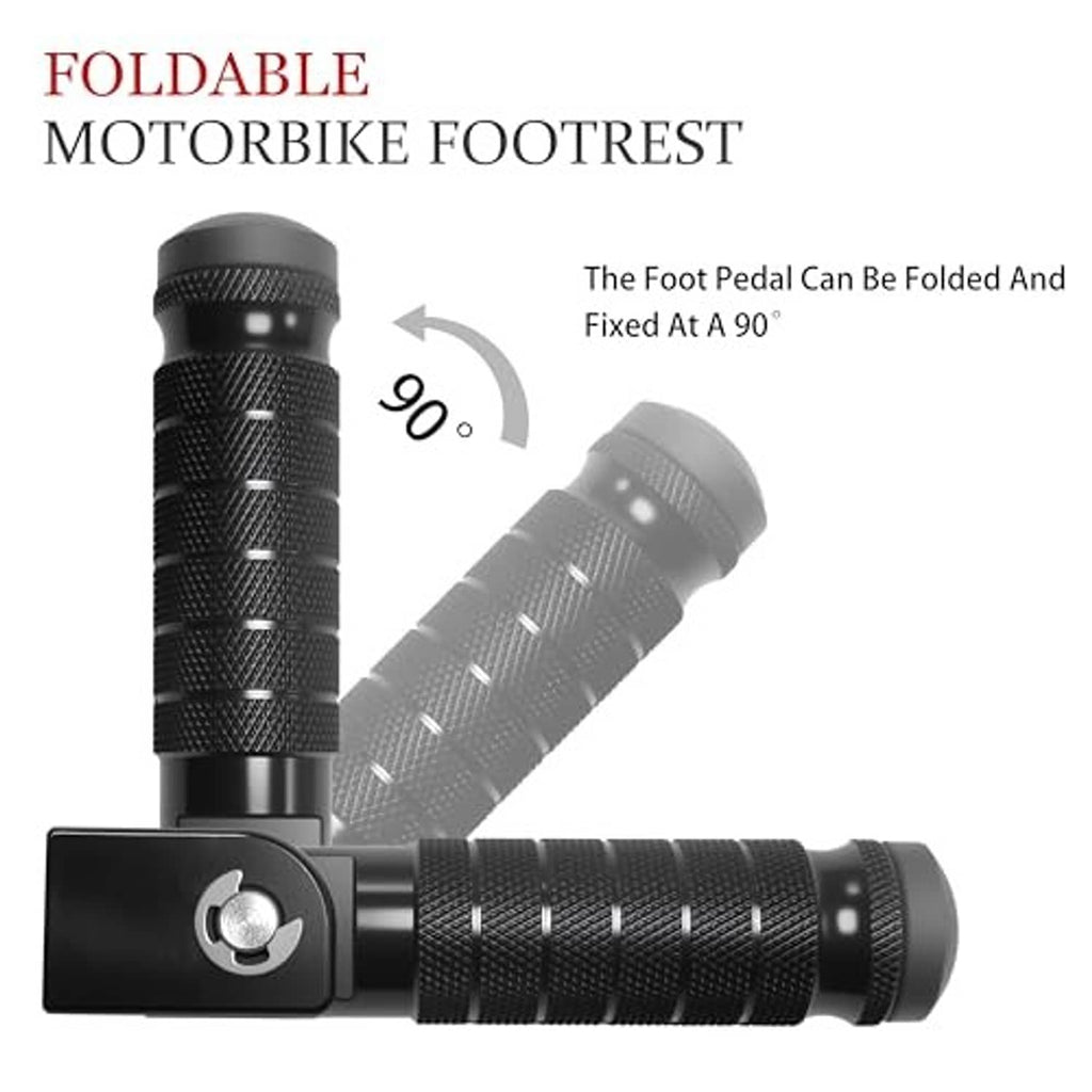 Foldable black motorbike footrest with textured grip and hinge-ready pedal.