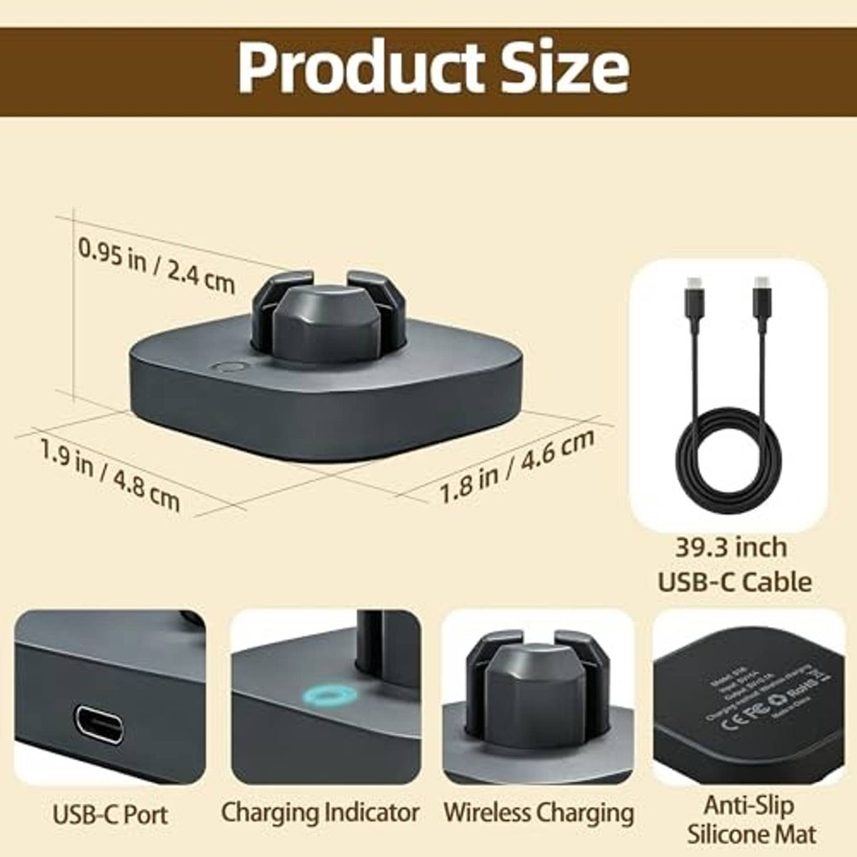 Ring charging dock with USB-C port, blue indicator, and anti-slip silicone mat