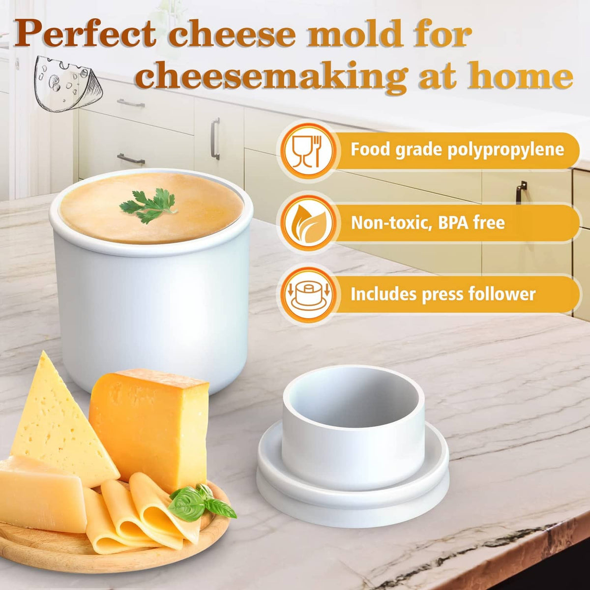 White cheese mold press kit with base and follower, shown with cheese and herbs